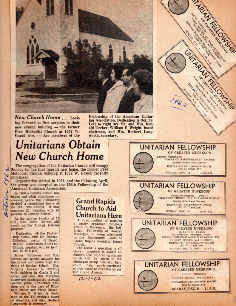 A yellowed scrapbook page featuring newspaper articles about the purchase of the Unitarian Universalist Fellowship's first building.