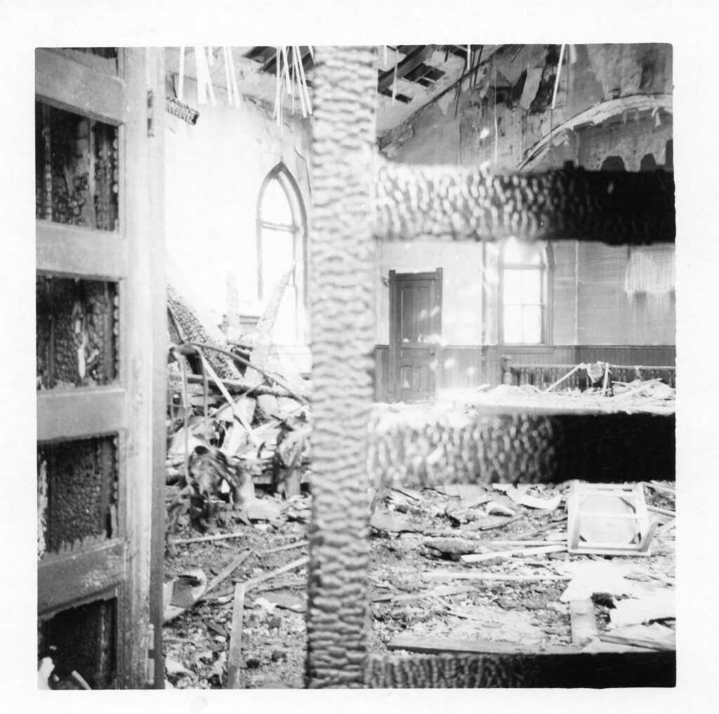 An interior view of the badly burned church.
