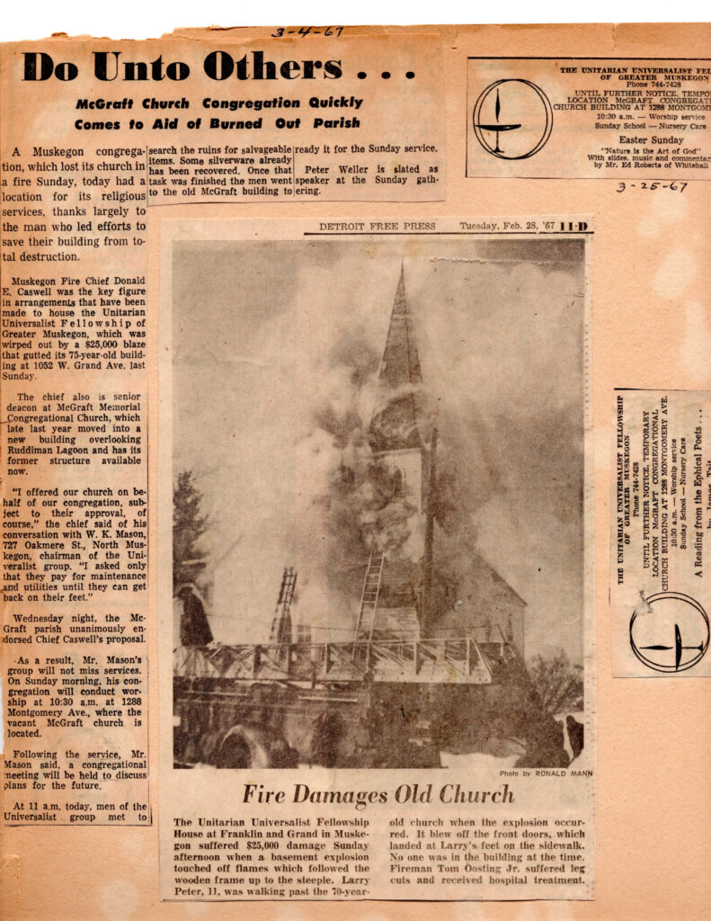 A yellowed newspaper article from the Detroit Free Press titled "Fire Damages Old Church." The image in the article shows a fire truck with ladders extended to reach a smoke-engulfed structure.