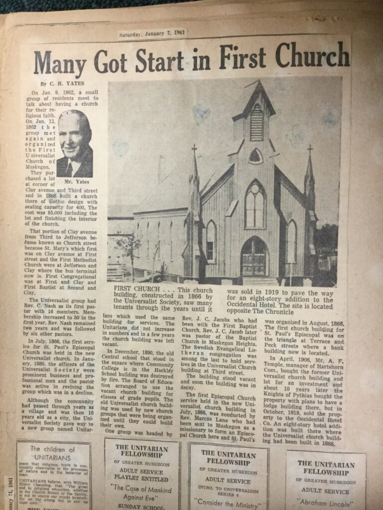 A yellowed newspaper article from 1961 titled "Many Got Start in First Church" that details the historical presence of Unitarians and Universalists locally.