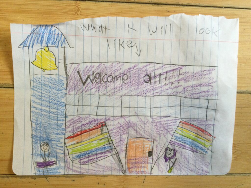 A child's drawing of a welcoming purple church with a blue bell tower and large yellow bell. In front, a person in a tutu and another person with a guitar. There are rainbow flags by the door.