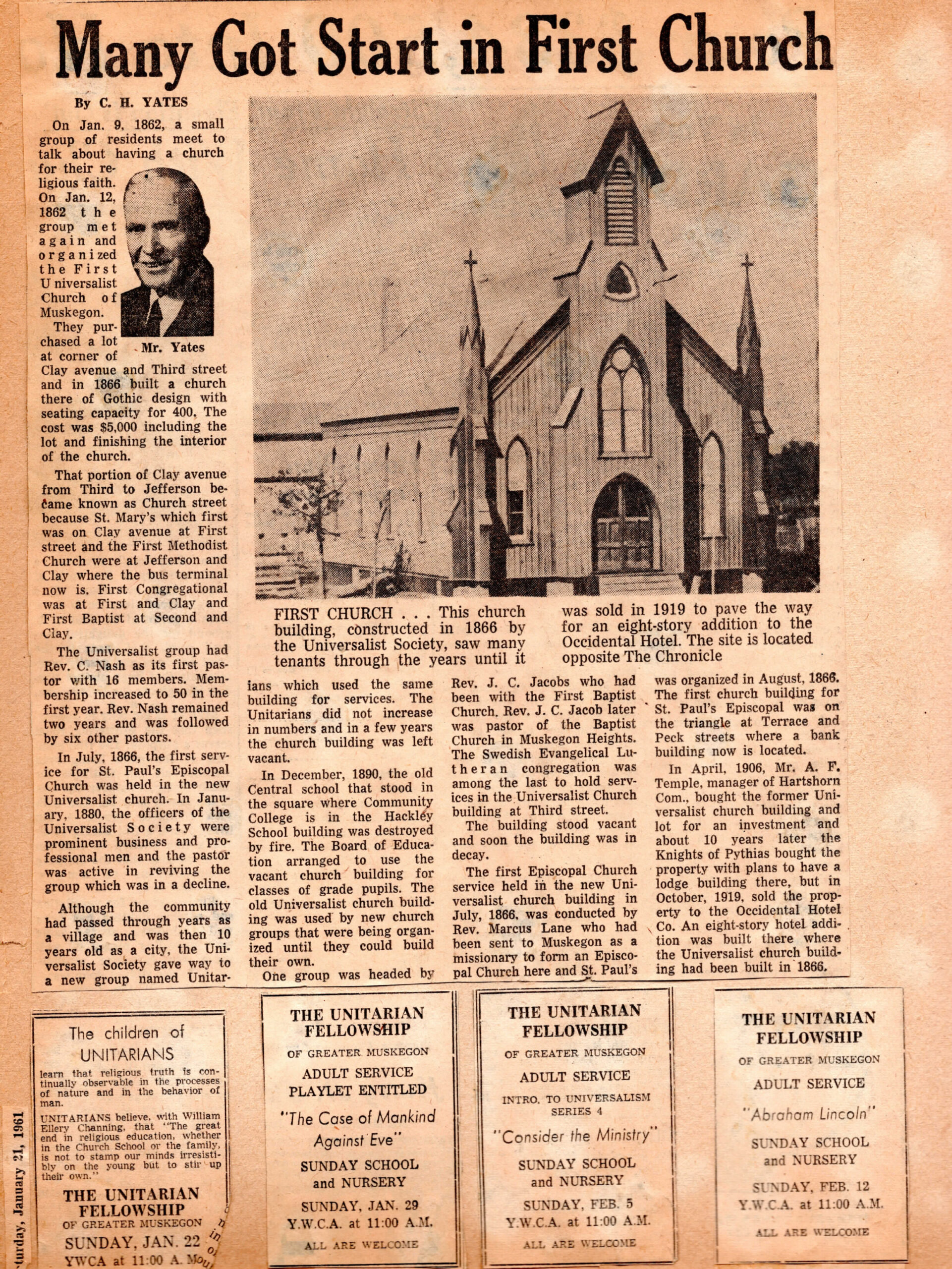 A yellowed newspaper article titled "Many Got Start in First Church" that features a photograph of a wood Gothic style church.